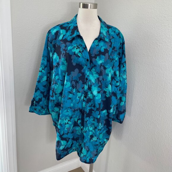 Catherines Womens Plus 3X Blouse Leaf Floral Print Roll Tab Sleeve Shirt Top - Picture 1 of 11